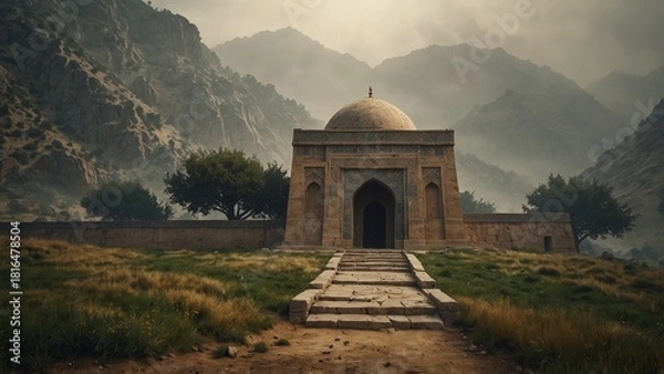 Fototapeta a small building in the middle of a grassy field
