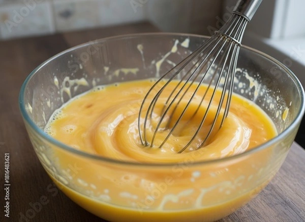 Fototapeta Whisking a Yellow Sauce in a Glass Bowl for Cooking.