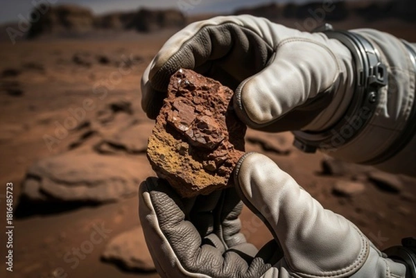 Fototapeta Astronaut gloved hands closely examine a ruddy rock sample against the stark, dusty Martian landscape