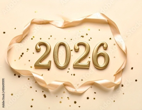 Fototapeta Golden 2026 Numbers with Ribbon and Star Confetti on a Beige Background