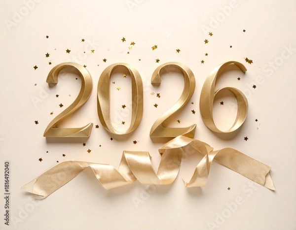Fototapeta Golden 2026 Numbers with Ribbon and Star Confetti on a Beige Background