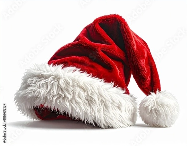 Fototapeta Fluffy Red Santa Claus Hat Isolated on White Background