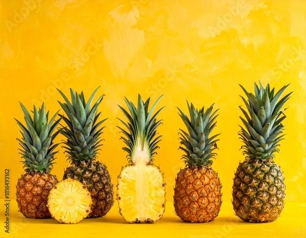 Fototapeta Seven Fresh Pineapples Arranged Diagonally on a Vibrant Yellow Background