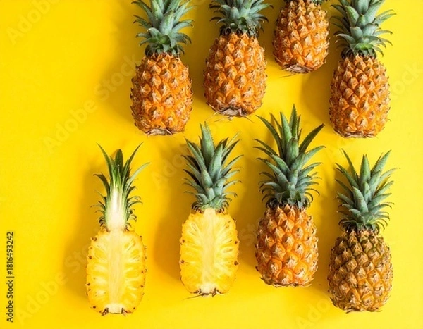 Fototapeta Seven Fresh Pineapples Arranged Diagonally on a Vibrant Yellow Background