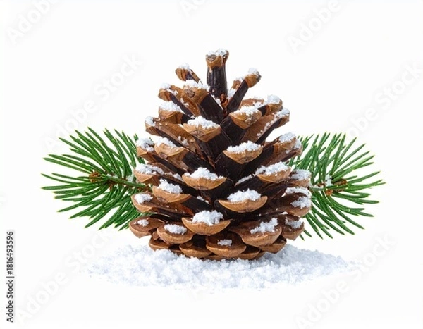 Fototapeta Snow-Dusted Pine Cone and Fir Branch Isolated on White - Winter Holiday & Christmas Decoration