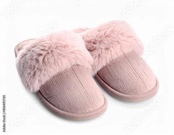 Obraz Pair of Pink/Mauve Fuzzy Fleece House Slippers with Faux Fur Trim Isolated on White