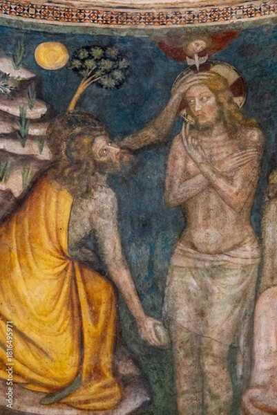 Fototapeta Fresco (14th century) of Baptism of Jesus by John the Baptist in the Jordan river.