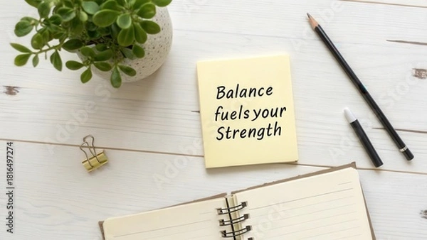 Fototapeta Minimal flat lay of workspace setup with notepad and plant