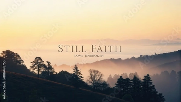 Fototapeta Minimal gradient landscape with mist featuring the words Still Faith