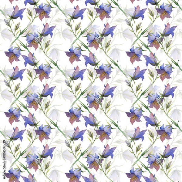 Fototapeta Watercolor seamless pattern with blue wildflowers. Botanical illustration with bluebells on a white background. Seamless background for wallpaper, textiles and printing.