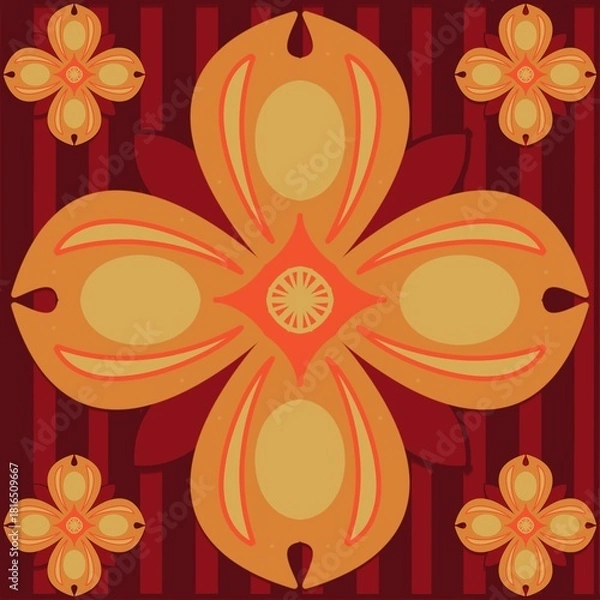 Fototapeta abstract floral background,orange curves ,painted create to flowershape, leaves, brown background in geometric patterns as sarong,fabric,tile,printed fabric,batik,tablecloth patterns.