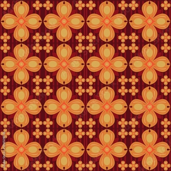 Fototapeta seamless floral background,orange curves ,painted create to flowershape, leaves, brown background in geometric patterns as sarong,fabric,tile,printed fabric,batik,tablecloth patterns.