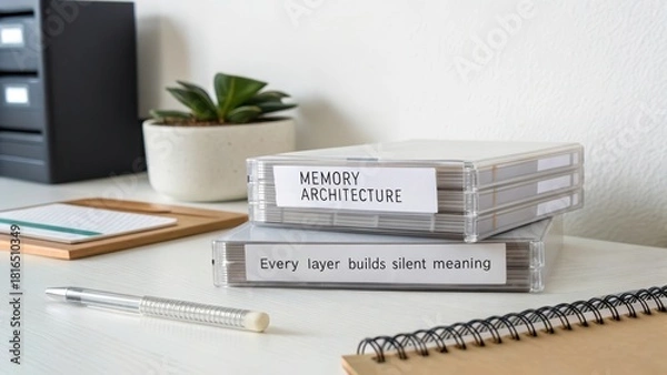 Fototapeta Clear containers stacked with film sheets on a minimal desk