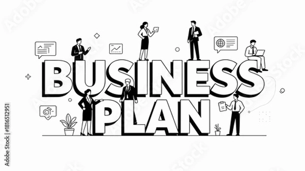 Obraz This illustration depicts various business professionals and elements surrounding “Business Plan”，highlighting the key components of strategic planning and corporate collaboration.