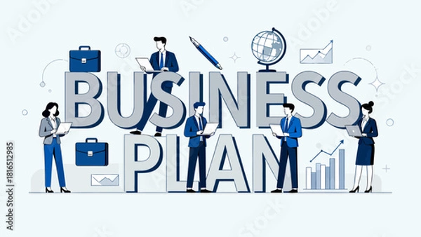 Obraz This illustration depicts various business professionals and elements surrounding “Business Plan”，highlighting the key components of strategic planning and corporate collaboration.