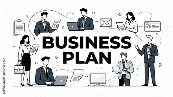 Obraz This illustration depicts various business professionals and elements surrounding “Business Plan”，highlighting the key components of strategic planning and corporate collaboration.
