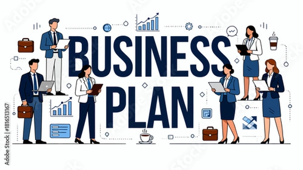 Obraz This illustration depicts various business professionals and elements surrounding “Business Plan”，highlighting the key components of strategic planning and corporate collaboration.