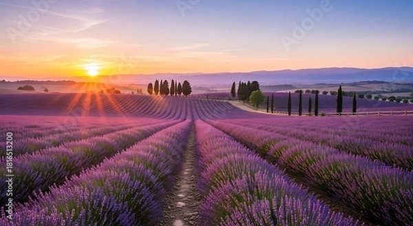 Obraz "Endless Lavender Fields at Sunset with Rows Leading to Horizon Trees"