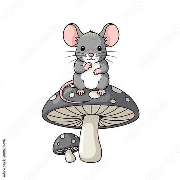 Fototapeta Cute mouse sitting on a mushroom in the forest.