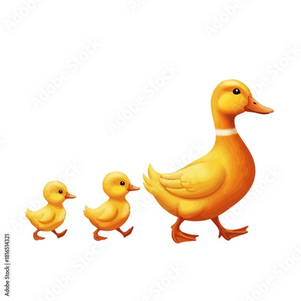 Fototapeta Duck family walking together in a line, yellow color.