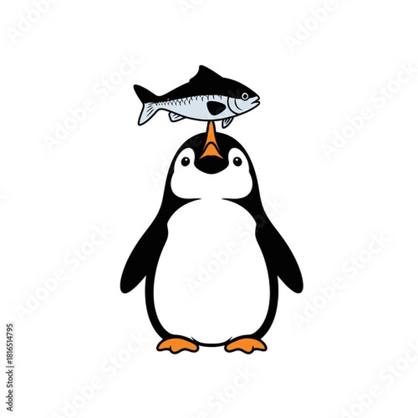 Fototapeta Penguin balancing a fish on its beak, a funny illustration.