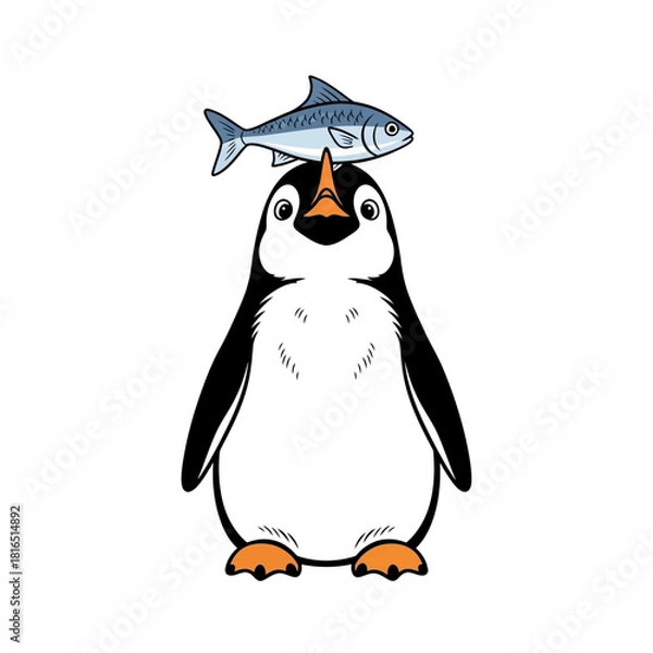 Fototapeta Penguin with fish on head looking at viewer.