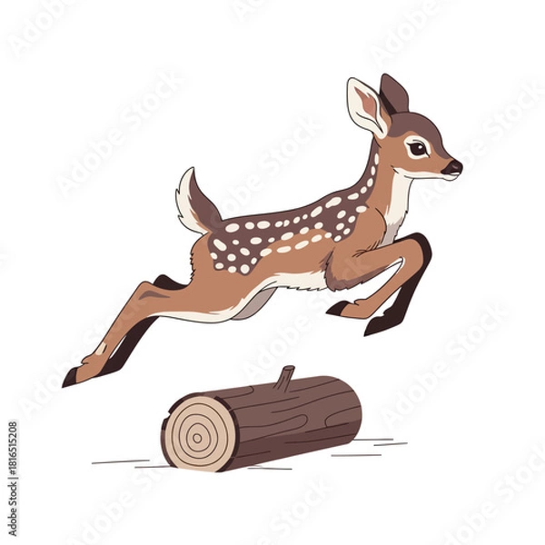 Fototapeta Young deer leaping over a log in the forest.