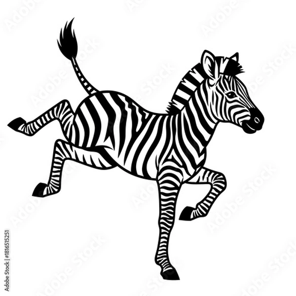 Fototapeta Zebra leaping with joy in black and white illustration.