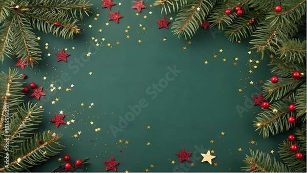 Fototapeta Christmas border with pine branches, red and gold confetti stars on a dark green background.