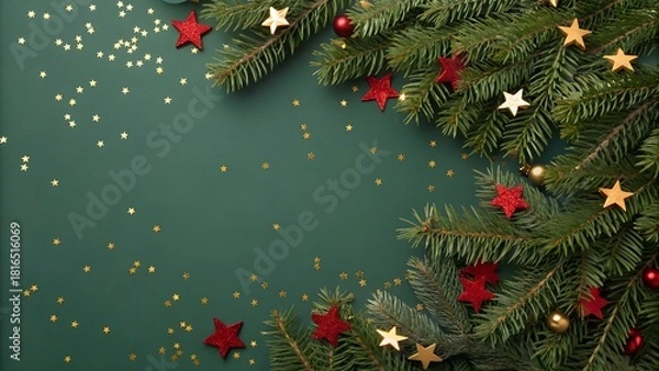 Fototapeta Christmas border with pine branches, red and gold confetti stars on a dark green background.