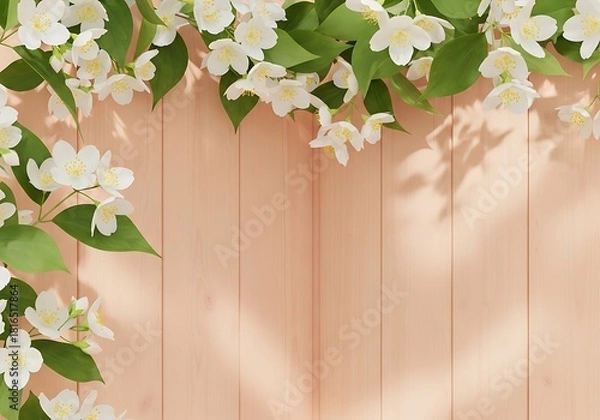 Fototapeta Floral canopy on wooden backdrop, elegant botanical beauty and light shadow