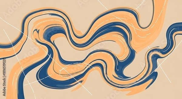 Fototapeta Fluid Strokes of Peach and Navy Paint Create an Abstract Illustration