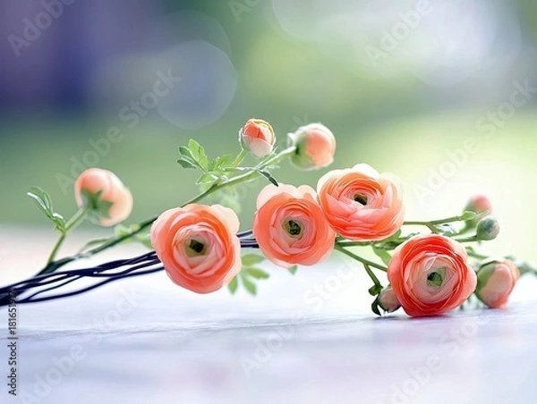 Obraz A delicate sprig of peach-colored ranunculus flowers and buds, with green leaves, resting on a light-colored surface. The background is softly blurred with boke