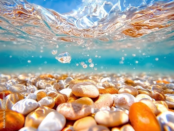 Obraz A close-up, underwater view of smooth, colorful pebbles on a beach, with sunlight refracting through the water's surface and small air bubbles rising.