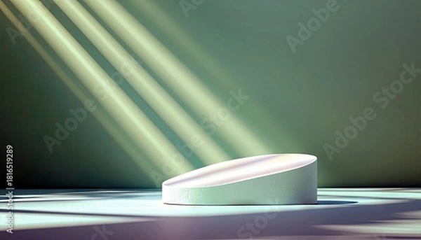 Obraz A minimalist, light teal pedestal with a curved top sits on a flat surface. Diagonal beams of soft, warm light stream in from the left, casting shadows and crea