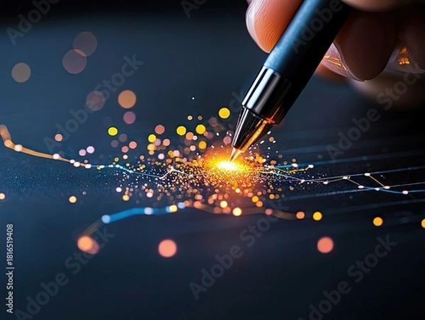 Fototapeta A close-up shot of a hand holding a pen, its tip creating a bright spark and glowing particles as it interacts with a digital network of lines and dots against