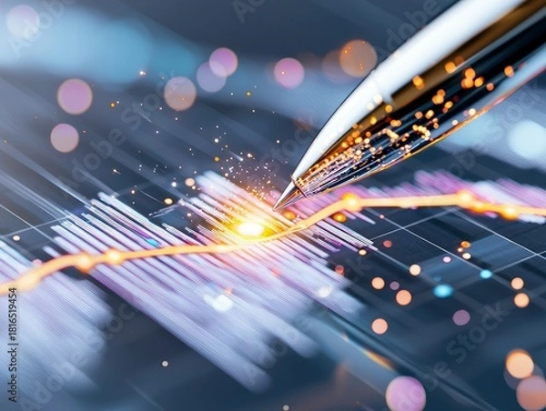 Obraz A close-up, dynamic shot of a metallic pen tip touching a glowing financial graph. Sparks fly from the point of contact, set against a dark background with blur