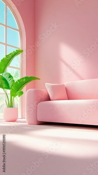 Obraz A soft pink sofa is placed next to a large arched window with sunlight streaming through, casting shadows on the floor. A potted green plant sits to the left of