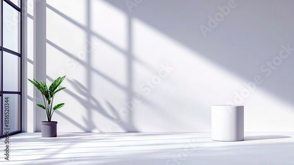 Obraz A minimalist interior scene featuring a green potted plant and a white cylinder pedestal, illuminated by dramatic shadows cast from a large window.