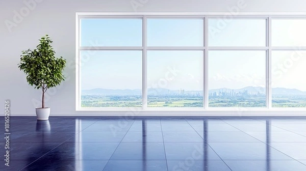 Obraz A single potted green plant stands on a polished dark floor next to a large, multi-pane window. The window offers a panoramic view of a distant cityscape and ro