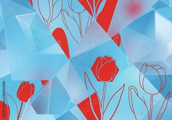 Fototapeta Geometric floral display featuring tulips and frosted polygonal shapes