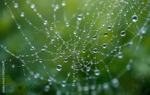Fototapeta A delicate spiderweb adorned with sparkling morning dew drops, capturing the ephemeral beauty of nature's intricate patterns and reflecting the gentle light of a new day in a vibrant green garden