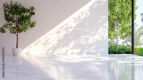 Fototapeta A single potted green tree stands in a minimalist, sunlit interior with marble floors. Sunlight streams through a large window, casting dappled shadows of leave