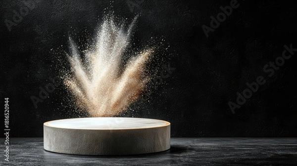 Obraz A round, light-colored pedestal is centered in the frame, with a dramatic explosion of light-colored powder erupting upwards from its surface. The background is