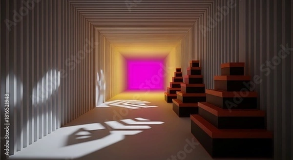 Fototapeta Hallway with layered boxes and geometric shadows leading to bright light