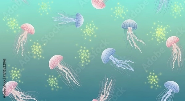 Fototapeta Glowing Jellyfish Illustration with Ethereal Sparkles Underwater Scene