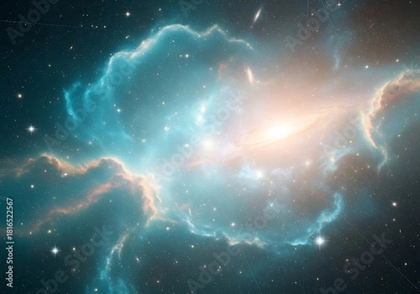 Fototapeta Heavenly cosmic cloudscape with radiant light and twinkling stars aloft