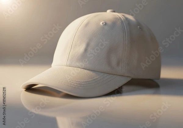 Fototapeta Neutral toned baseball cap on reflective surface minimalistic studio shot