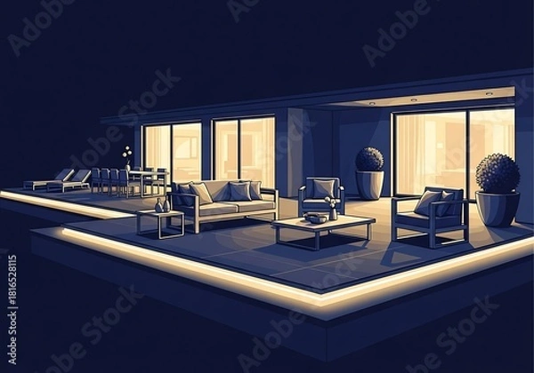 Fototapeta Sophisticated Outdoor Lounge Area with Modern Architectural Design Elements