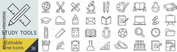Obraz 線の編集ができる学用品に関するアイコンセット（アウトライン化していない）
